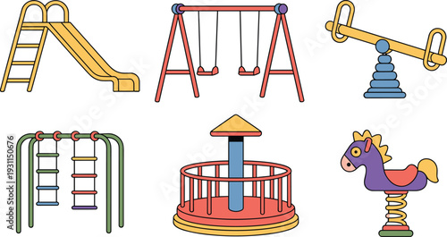 Children Playground Equipment Set with Slide Swings Seesaw Carousel and Spring Rider Vector Illustration
