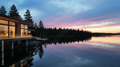 Modern lake house at sunset, panoramic windows reflecting the sky and water