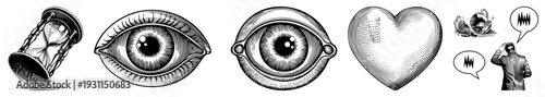 Classic hourglass measuring time, anatomical eye with iris detail, stylized heart, man thinking with speech bubbles, vector symbols.