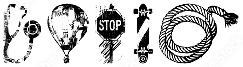 Grungy black and white vector stethoscope, hot air balloon, stop sign, skateboard, coiled rope isolated, cutout, rgba