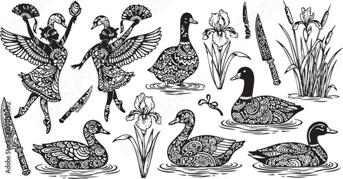 Intricate black and white of ducks, flowers, and winged figures with knives water