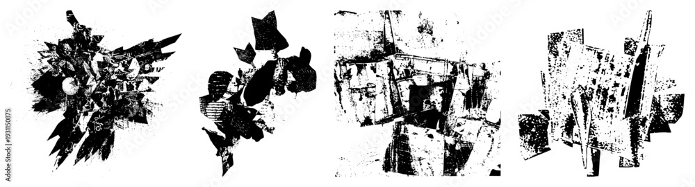Fototapeta premium Black and white abstract composition of shattered shapes, halftone textures, fragmented forms, graphic design elements, vector art style.