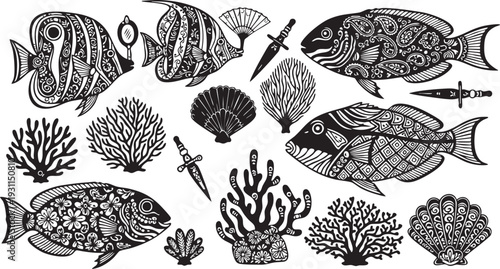 Intricate black and white of tropical fish and coral reef