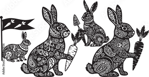 Intricate black and white rabbits with carrots and a flag in a decorative style patterns