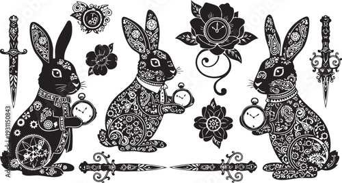 Intricate black and white rabbits with clocks and daggers in detailed patterns
