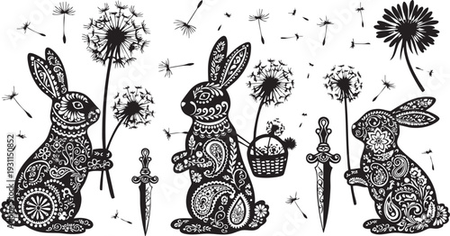 Intricate black and white rabbits with dandelions and daggers