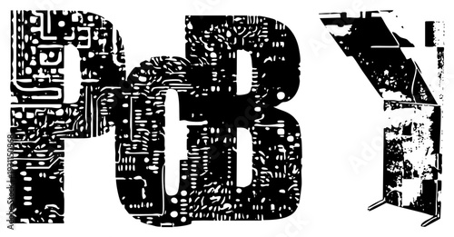 Stylized PCB letters filled with intricate electronic pathways, microchip textures, solder points, and circuitry motifs, tech typography, digital engineering art.