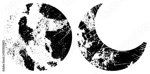 Distressed black planet and moon with splatter and crack effects, abstract celestial symbols, vector graphic, minimalist design.