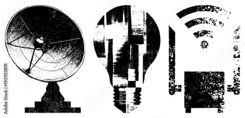 Retro tech symbols rendered in halftone, satellite dish, lightbulb, Wi Fi router, digital communication, analog nostalgia, tech history graphics.