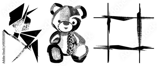 Three vector fragmented starburst, halftone teddy bear with leopard, and fractured grid frame. Bold black shapes on transparent background, stylized graphic design elements.