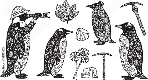 Intricately patterned penguins with tools and nature in black and white intricate patterns