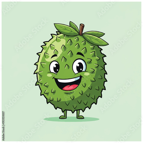 A cartoon illustration of a smiling green durian fruit with leaves on top, standing on a light green background. Perfect for food, fruit, and cartoon character designs.
