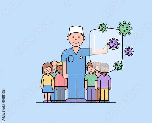 Doctor protecting patients from viruses and germs illustration.