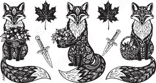 Three anthropomorphic foxes with baskets and a dagger maple leaf