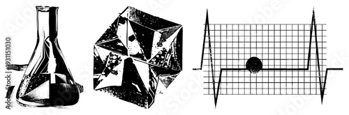 Laboratory flask with liquid, faceted crystal cube, electrocardiogram waveform with dot scientific, medical, and geometric symbols in halftone vector style.