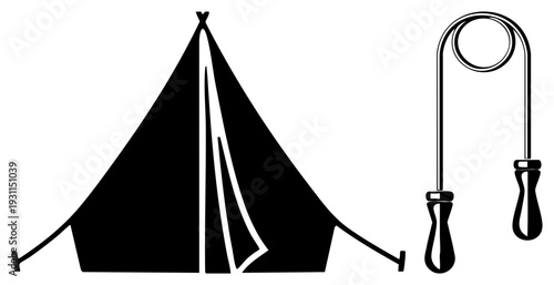 Black vector of tent and jump rope, outdoor gear symbols, camping equipment, fitness tools, minimalist design, adventure.
