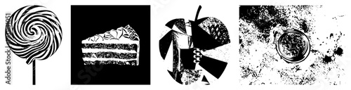 Vector illustrations of sweet treats and vintage watch, isolated objects with bold and halftone textures, stylized dessert and timepiece designs.