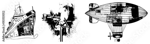 Classic ocean, warship silhouette, dirigible airship, retro transport, black and white vector illustrations, maritime and aerial history.