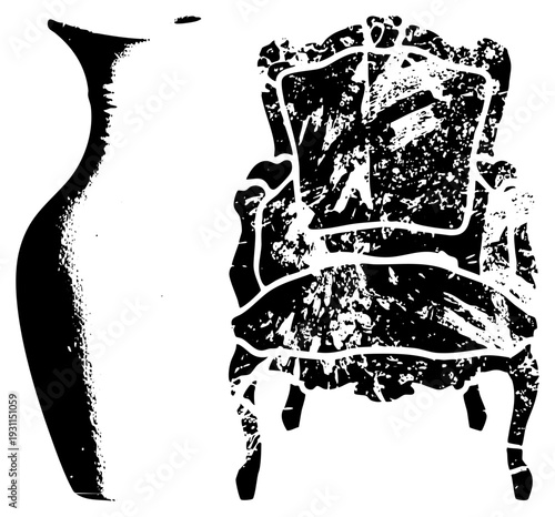 Classic armchair with carved and textured upholstery, paired with elegant slender vase, both rendered in bold black and white vector style with distressed texture.