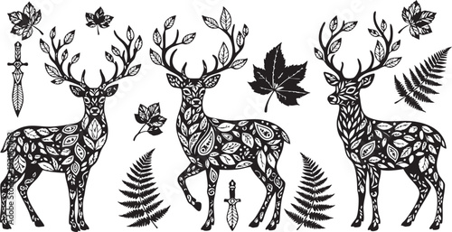 Three black and white deer with intricate leaf patterns and fern decorations intricate patterns