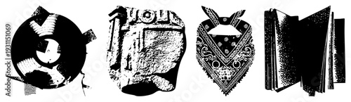 Four vector spinning vinyl, carved stone artifact, bandana, open book. Classic graphic symbols for music, history, fashion, and literature.