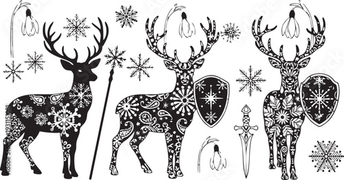 Three black and white deer with intricate snowflake patterns and shields antlers