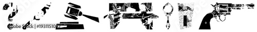 Collection of symbolic including question mark, knife, gavel,, magnifying glass, revolver all rendered in distressed black and white, ideal for legal, mystery, or investigative themes.