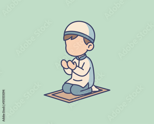 Young Muslim boy praying on a mat in a serene environment.