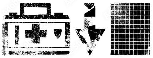 Distressed black/white retro med kit with, arrow, and pixel grid. Synonyms emergency kit, aid box, grunge symbol, directional indicator, stencil design.