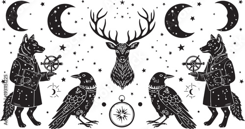 Two wolves, two crows, and a deer with crescent moons and stars in a celestial scene