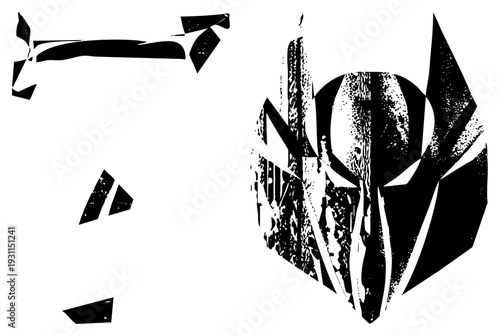Stylized helmet mask shattered into angular, vector graphic with distressed texture, bold design, graphic art element, digital illustration.