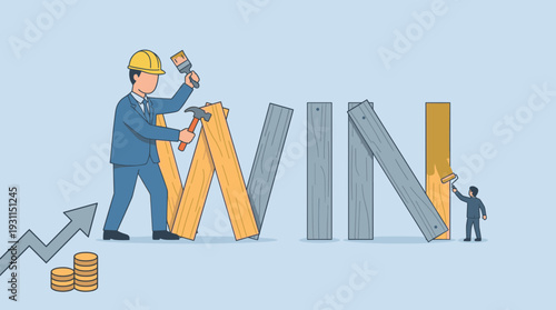Conceptual Illustration of a Businessman in a Hardhat Building the Word WIN with Wooden Planks, Hammer, and Paintbrush, Symbolizing Business Success, Growth, Achievement, and Winning Strategy.