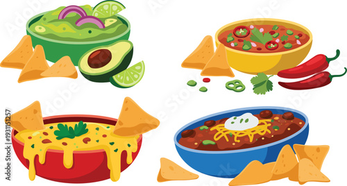 Mexican Dip Bowls Collection with Guacamole Salsa Queso and Chili with Tortilla Chips