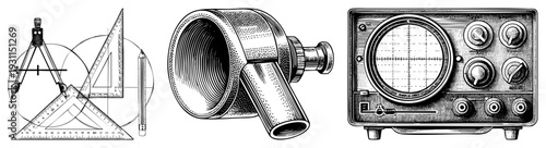 Drafting tools, vintage microscope, analog oscilloscope. Technical illustrations for education or design.