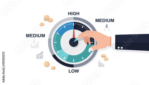 Businessman Hand Turning a Cost Dial to Low Position for Cost Reduction and Financial Management Concept. Vector Illustration of Hand Adjusting a Gauge to Minimize Expenses and Optimize Budget.