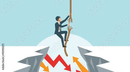Businessman Climbing a Broken Rope Over a Deep Abyss with Falling Red Arrows, Symbolizing Business Risk, Financial Crisis, Economic Instability, and Failure in a Professional Vector Concept.