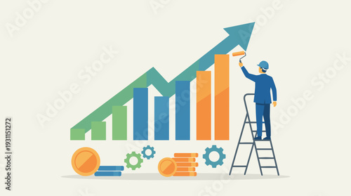 Businessman in a hard hat on a ladder painting a rising financial bar graph with a paint roller, representing business growth, economic success, investment strategy, and market progress.