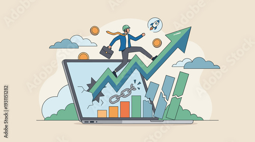 Successful businessman riding a green growth arrow chart breaking out of a laptop screen, symbolizing financial breakthrough, market success, overcoming obstacles, and corporate achievement.