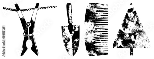 Vintage style vector of clothespin, trowel, comb, and Christmas tree with distressed texture, isolated on transparent background, ideal for graphic design projects.