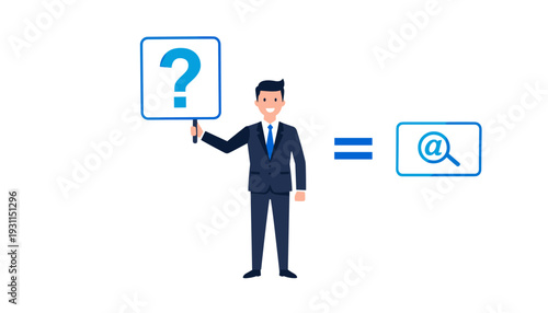 Businessman Holding Question Mark Sign Next to Equal Sign and Magnifying Glass with At Symbol, Representing Digital Search, Online Support, and Finding Answers Concept Vector Illustration