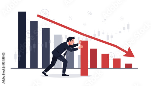 Businessman Pushing Up Declining Bar Chart During Economic Recession and Stock Market Crash, Financial Crisis Concept with Red Arrow and Falling Profits, Investment Risks and Lost Capital