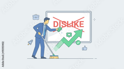 Professional businessman cleaning digital screen to erase negative dislike feedback, improving online reputation and social media engagement growth, positive feedback and marketing strategy.