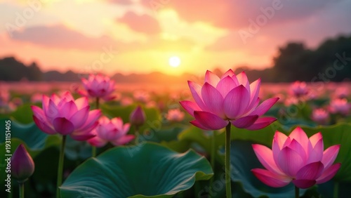 Serene Sunset Blooms A Field of Pink Lotus Flowers Basking in the Golden Hour Light
