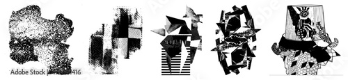 Fragmented geometric shapes with halftone textures, vector abstract composition, black and white graphic design, modern art, stylized cutout forms.