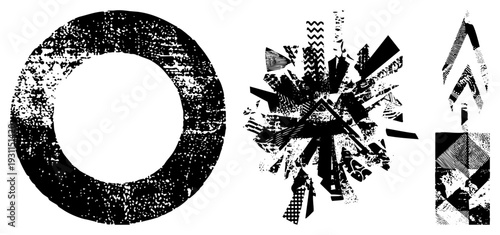 Vector graphic featuring distressed circular ring, fragmented explosive burst, and arrow, rendered in with gritty textures and halftone.