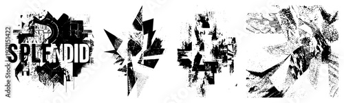 Graphic design featuring “SPLENDID” text with fragmented geometric shapes, halftone textures, and distressed visual effects, ideal for branding or poster art.