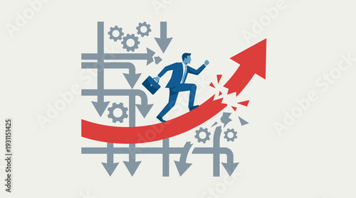 Businessman in a Suit Riding a Large Red Upward Arrow Breaking Through a Complex Grid of Grey Arrows and Gears, Concept of Success, Better Decision Making, Growth, and Overcoming Business Barriers.