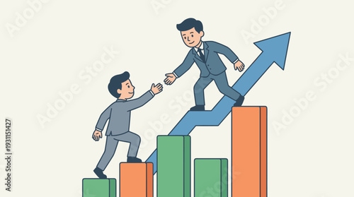 Business Leader Helping a Colleague Climb a Growth Chart, Symbolizing Mentorship, Teamwork, Support, and Success in Corporate Career Development, Professional Vector Illustration Concept.