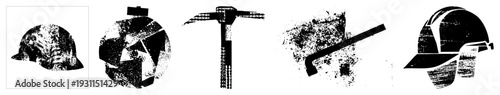 Safety helmet, pickaxe, shovel, mining gear, worker tools, construction equipment, gritty vector, distressed design.