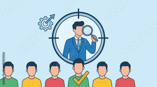 Human Resources Recruitment Concept Illustration showing a Headhunter Finding the Right Candidate for a Job Vacancy, Talent Acquisition, Professional Hiring Process, and Career Selection.